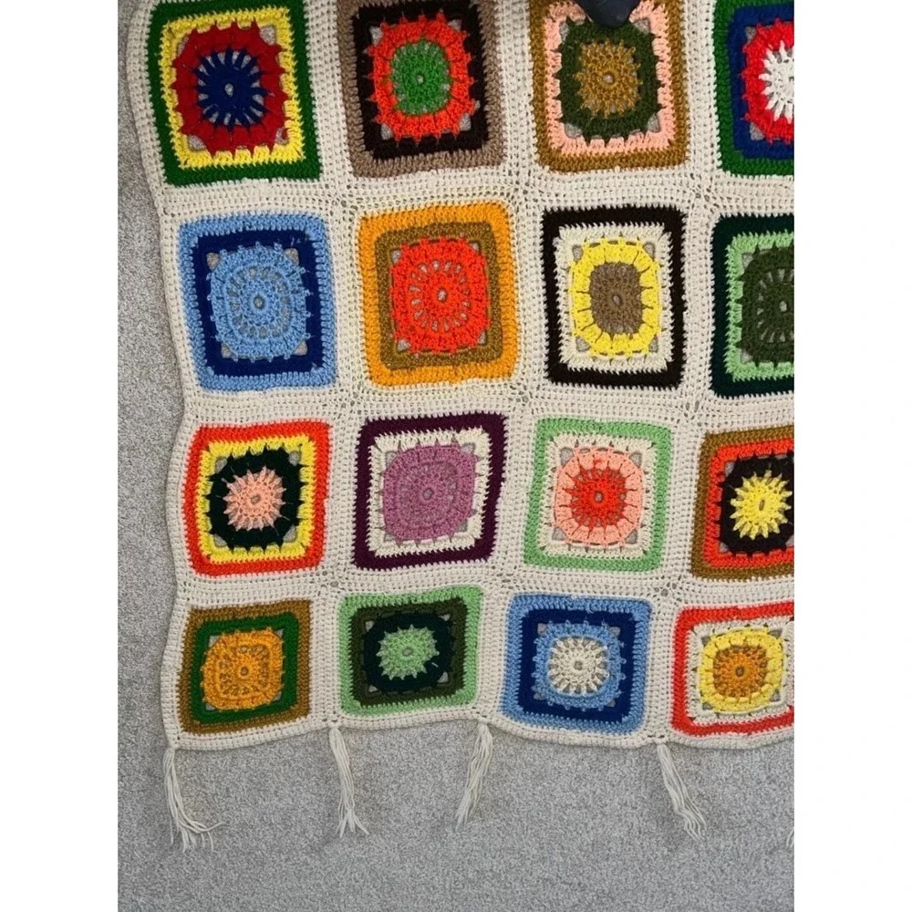 Vintage Handmade Crochet Granny Square Blanket Multi Color Boho Tassel Fringe